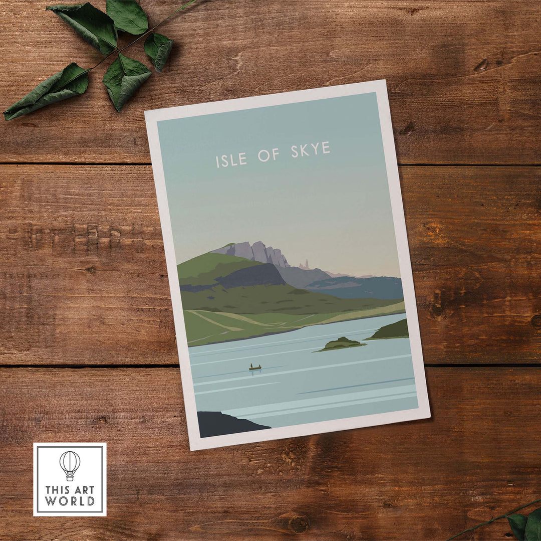 Isle of Skye vintage travel poster print featuring scenic landscapes and tranquil waters.