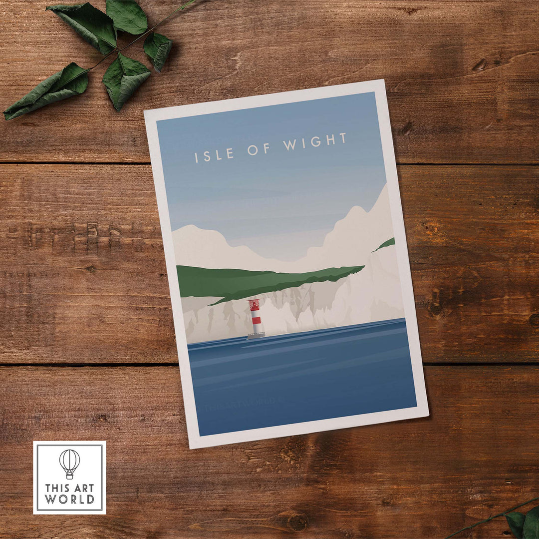 Isle of Wight Wall Art Poster showcasing cliffs and lighthouse, perfect for home or office decor.