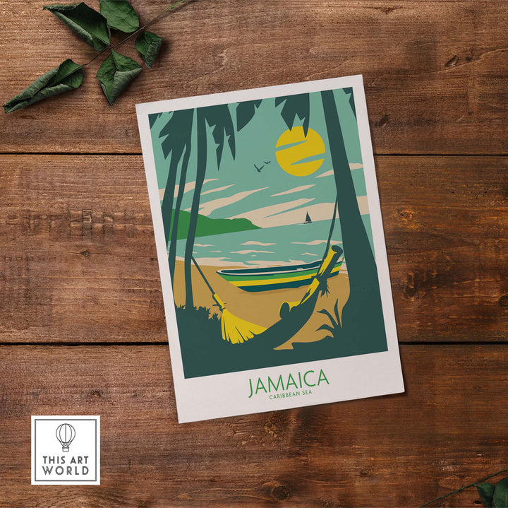 Jamaica Retro Poster featuring a hammock, beach, and boat design, inspired by vintage travel art.