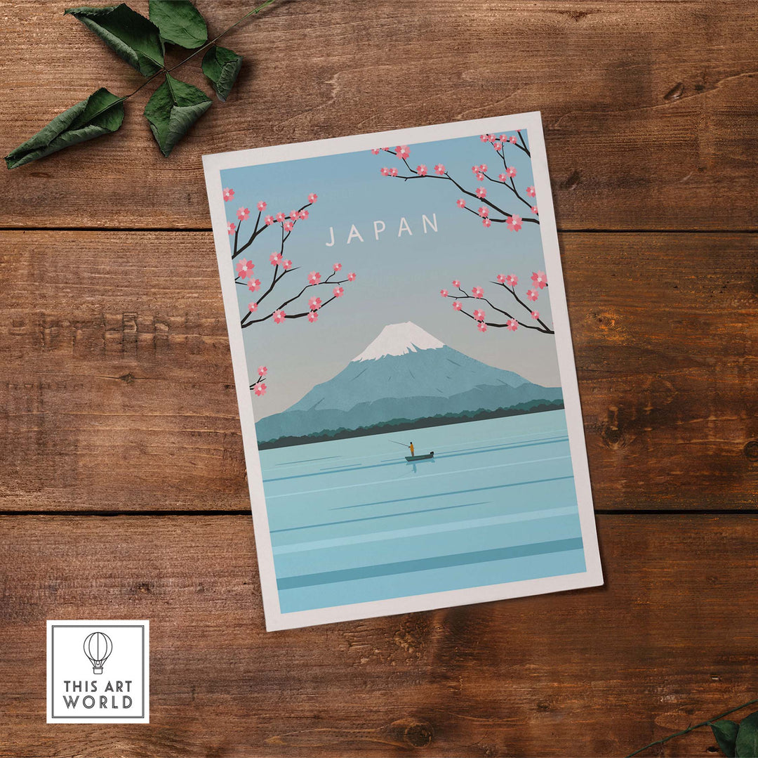 Japan Print Wall Art featuring Mount Fuji with cherry blossoms and a boat on calm waters.