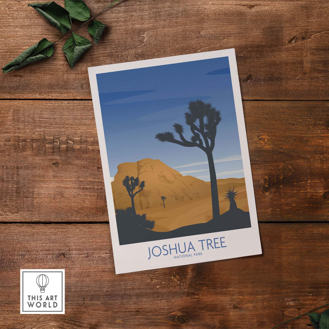 Joshua Tree National Park art print featuring a minimalist design of desert landscape and iconic Joshua trees.