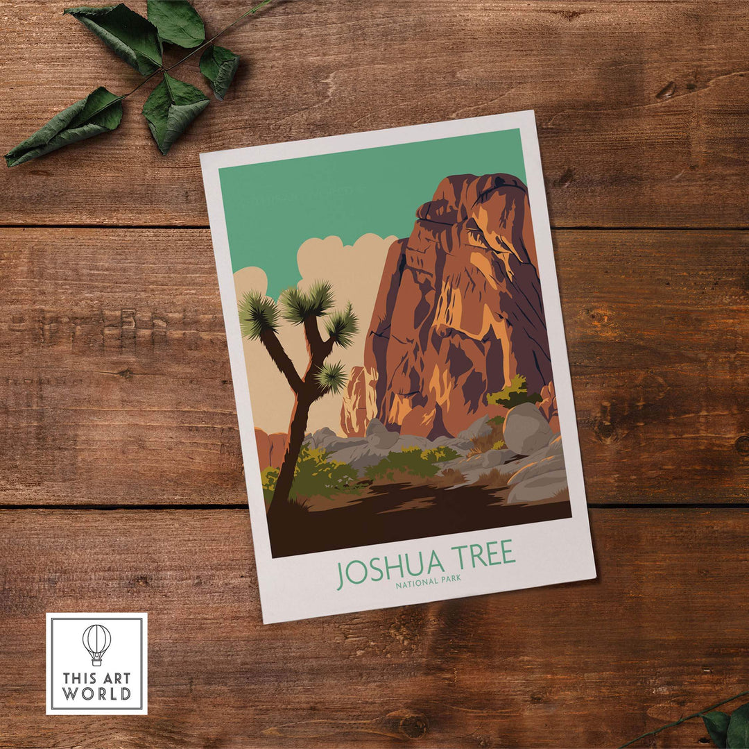 Joshua Tree National Park vintage poster print showcasing desert scenery and lush greenery.