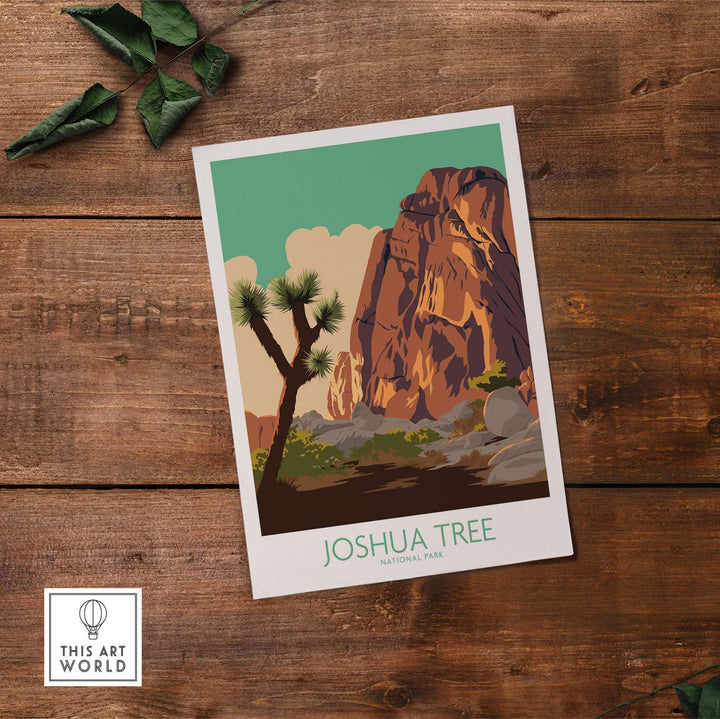 Joshua Tree National Park vintage poster print showcasing desert scenery and lush greenery.
