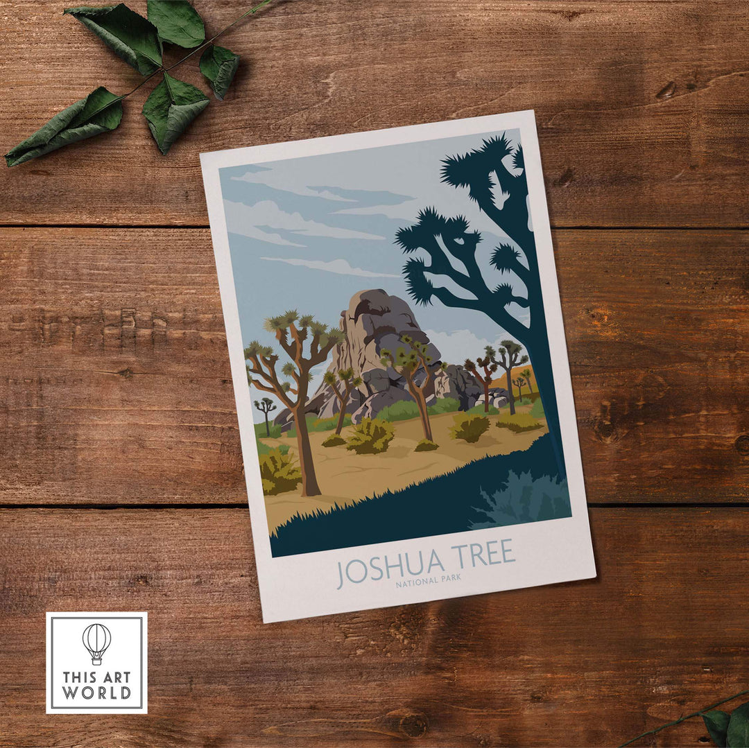 Joshua Tree Park vintage poster print showcasing desert scenery and iconic Joshua trees, perfect for home decor.