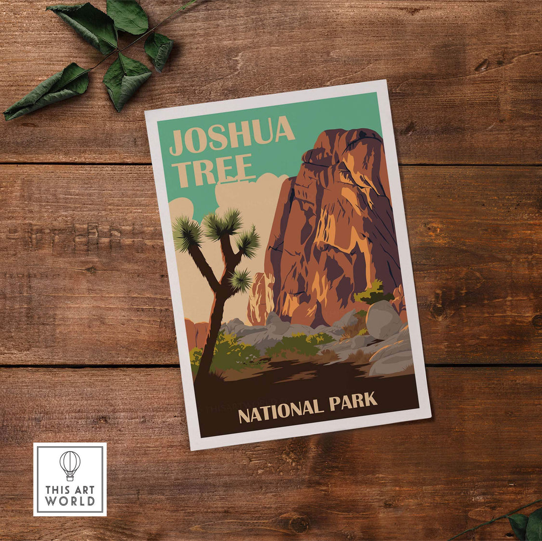 Joshua Tree National Park print featuring vintage style artwork of desert landscape and iconic rock formations.