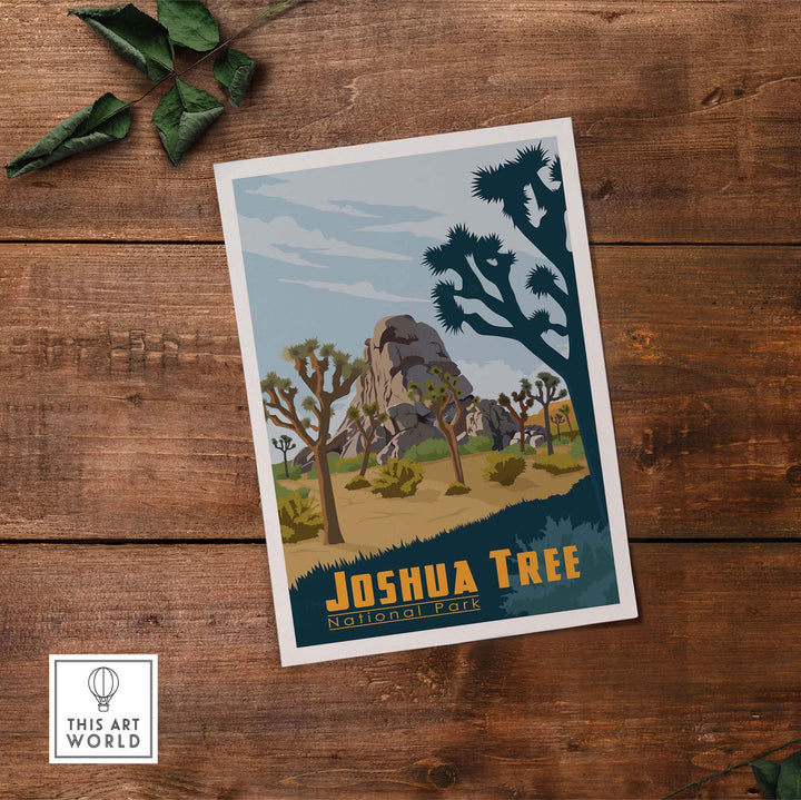 Joshua Tree National Park Poster showcasing desert landscape and iconic Joshua trees on rustic wooden background.