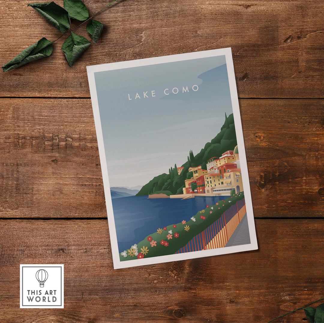 Lake Como wall art poster featuring vintage design, colorful flowers, and serene lake views for stylish decor.