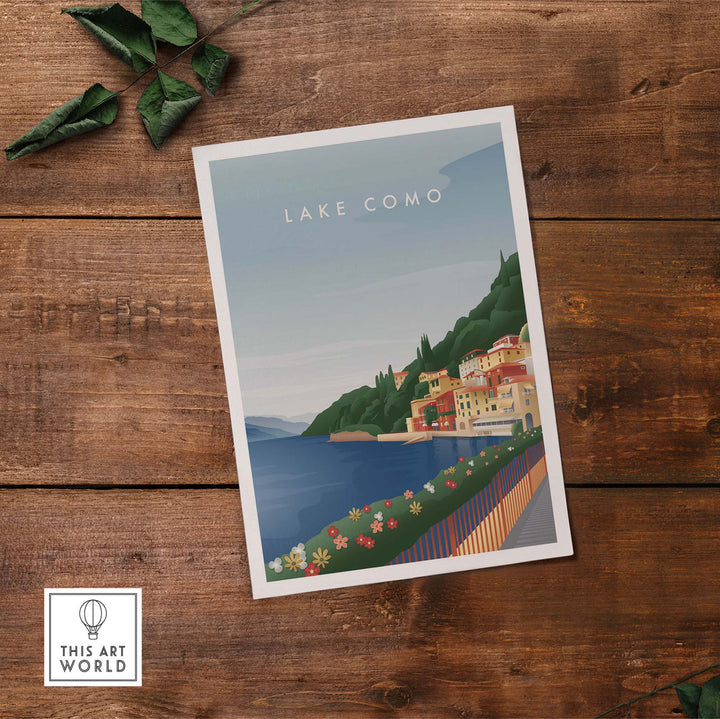 Lake Como wall art poster featuring vintage design, colorful flowers, and serene lake views for stylish decor.