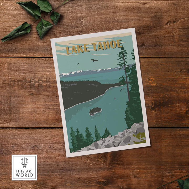 Lake Tahoe vintage print showcasing a scenic landscape with forests and mountains, perfect for home decor.