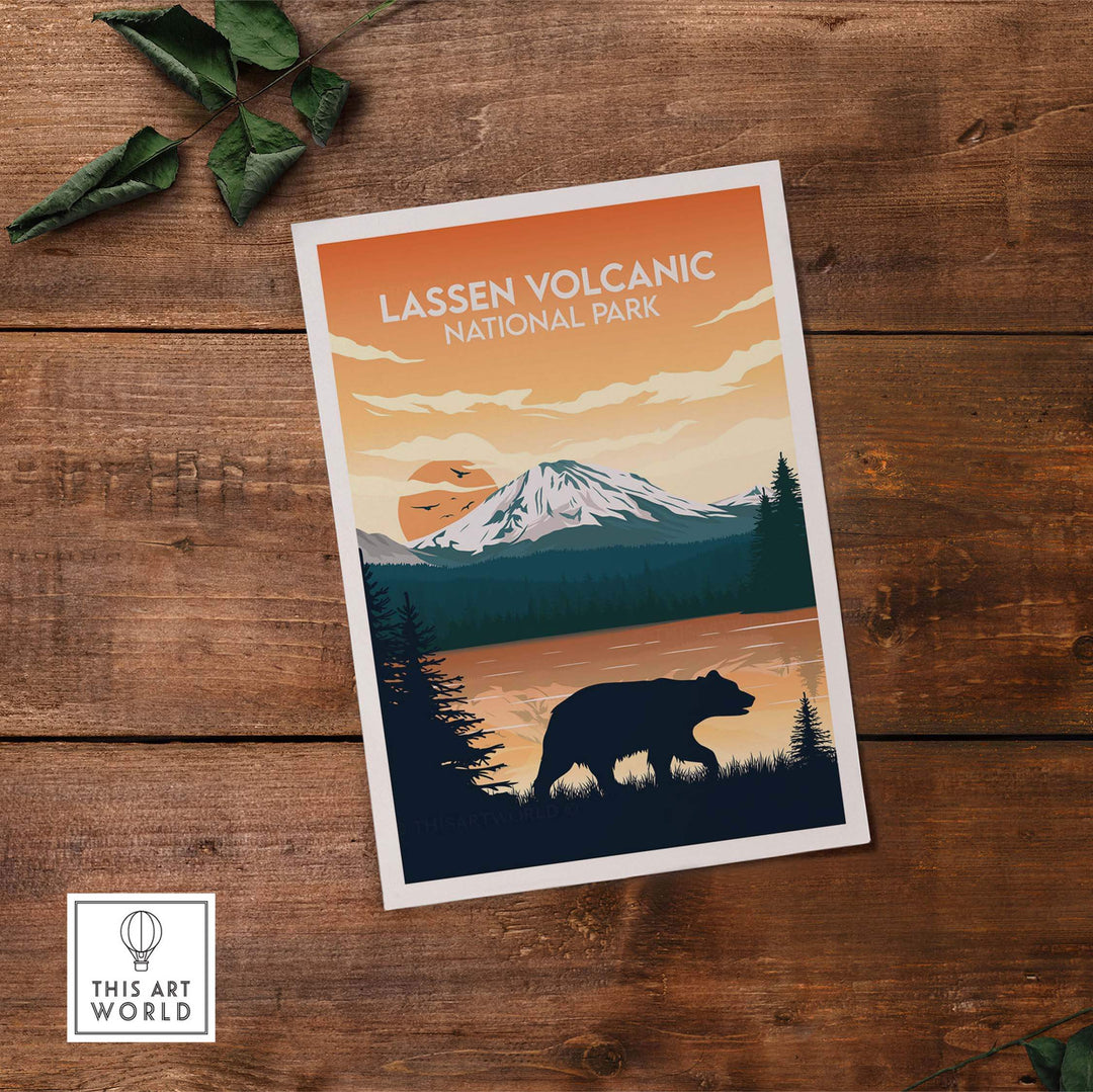 Lassen Volcanic National Park poster featuring a bear silhouette and mountain scenery in a vintage style.
