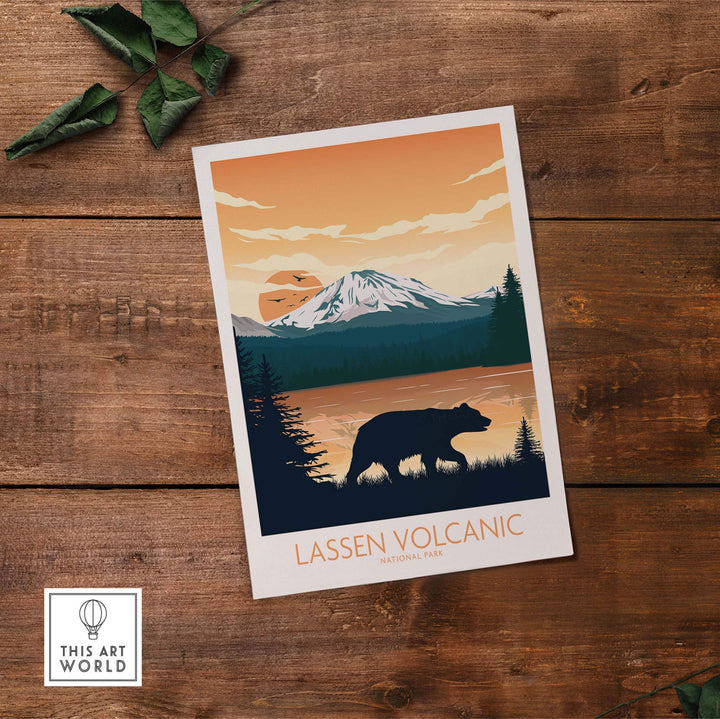 Lassen Volcanic National Park Poster with bear silhouette and mountain landscape in minimalist style.