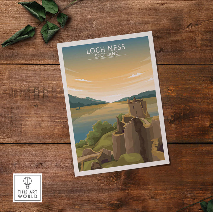 Loch Ness Wall Art Scotland Print featuring vintage-style landscape of Loch Ness and surrounding hills.