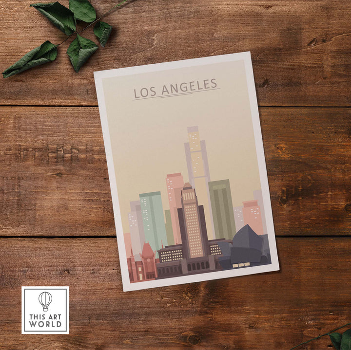 Los Angeles skyline poster with pastel tones, showcasing iconic architecture, perfect for stylish wall art.