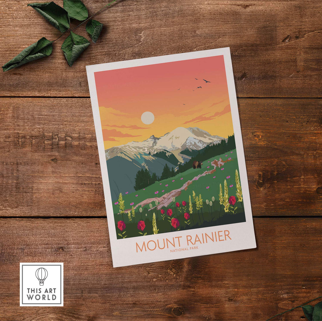 Mount Rainier National Park minimalist art print showcasing mountains and wildflowers on wooden background.