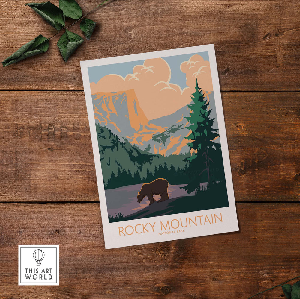 Rocky Mountain National Park vintage poster featuring a bear and scenic mountains, perfect for travel enthusiasts.