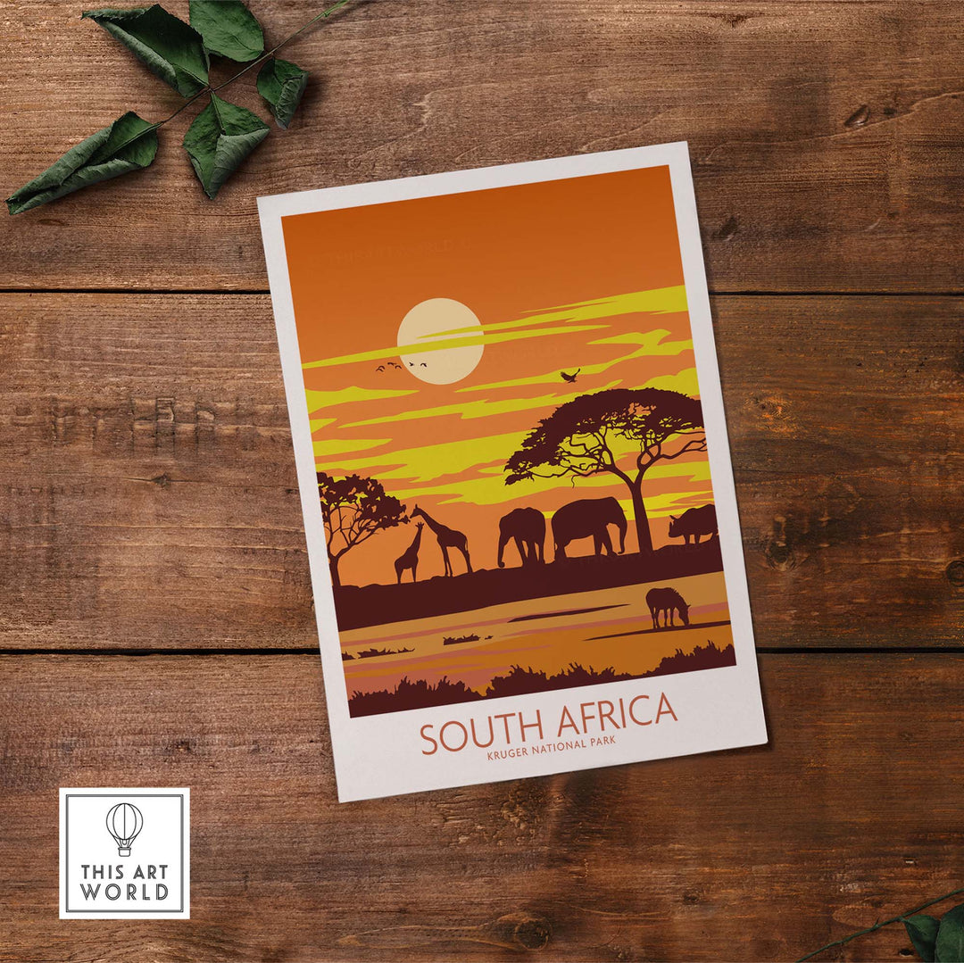 South Africa Print featuring Kruger National Park with elephants and sunset, clean minimalist vintage style artwork.