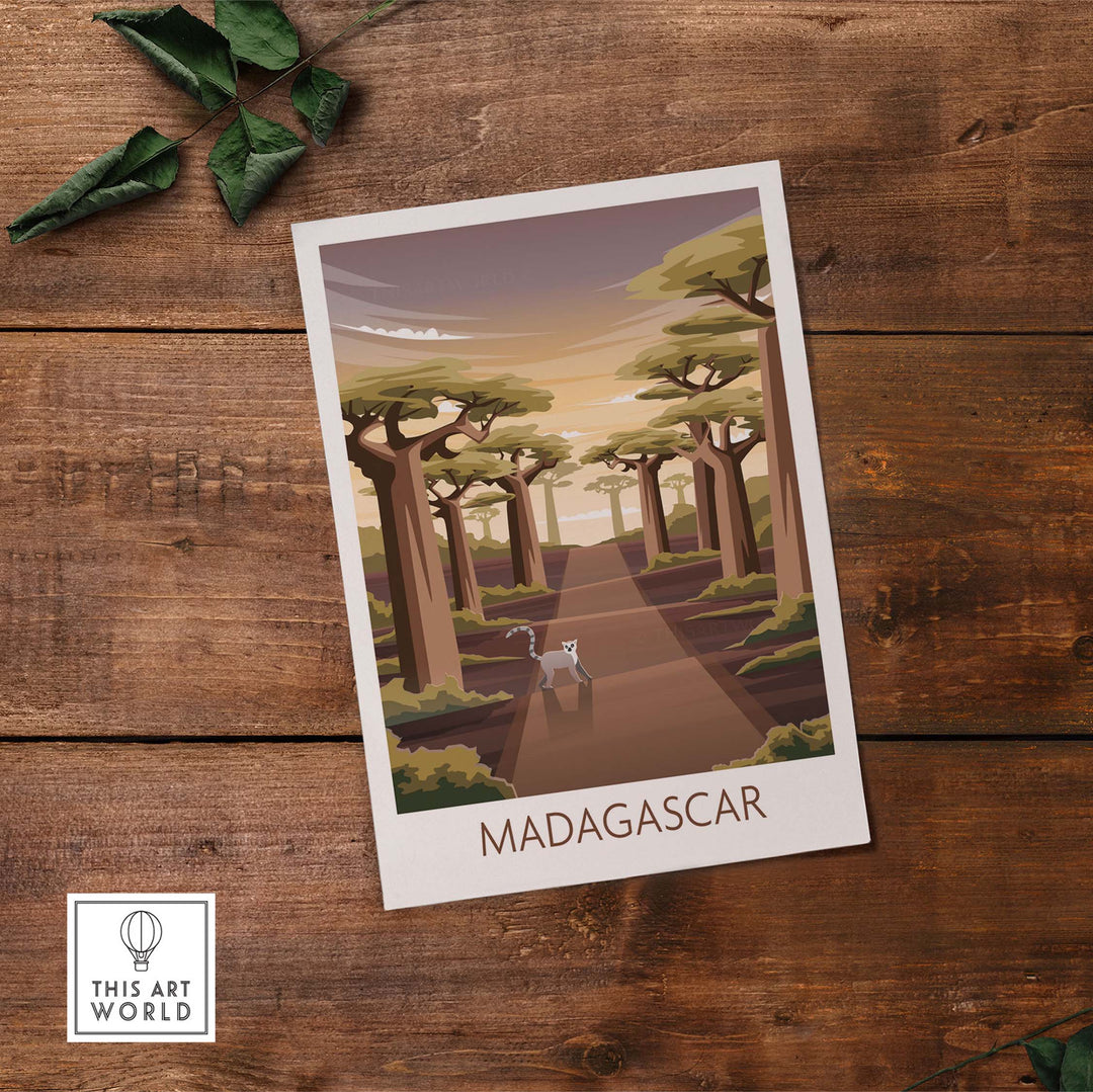 Madagascar travel poster featuring a scenic pathway surrounded by trees, evoking nostalgic wanderlust vibes.