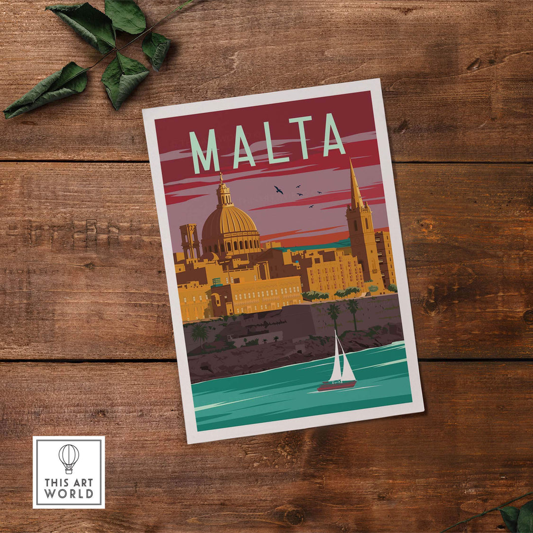 Malta vintage travel poster print, featuring scenic view and iconic buildings, perfect wall art for home or office.