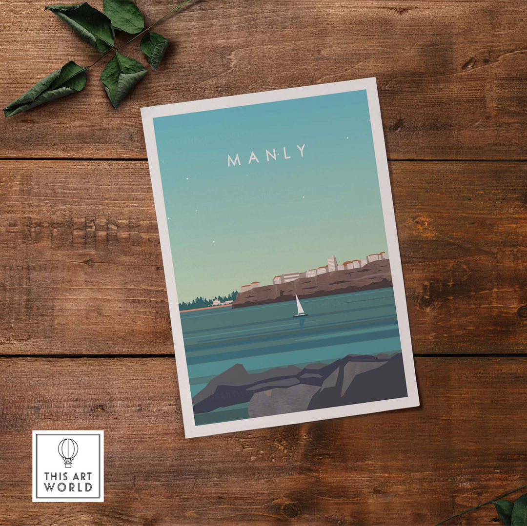Manly Australia vintage travel poster print featuring coastal scenery and sailboat, perfect for home or office decor.