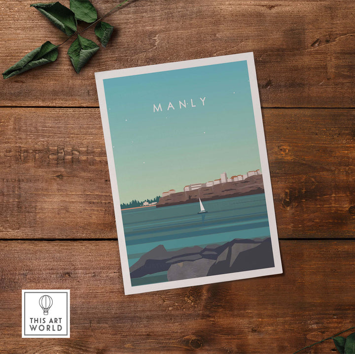 Manly Australia vintage travel poster print featuring coastal scenery and sailboat, perfect for home or office decor.