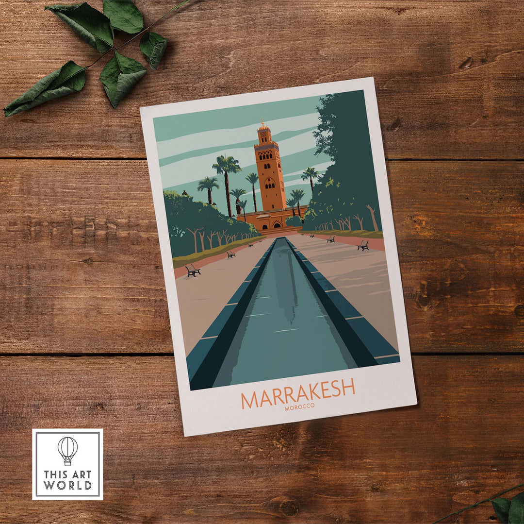 Marrakesh vintage travel poster featuring a scenic view of Morocco's iconic tower and palm trees.