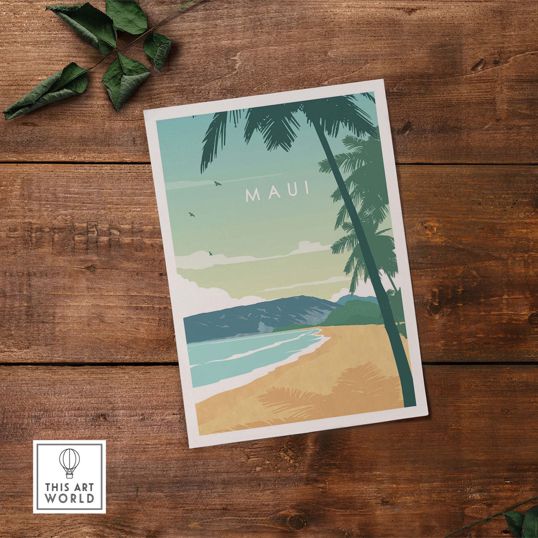 Maui Print Wall Art Poster featuring a serene beach scene with palm trees and minimalist design on rustic wood background.