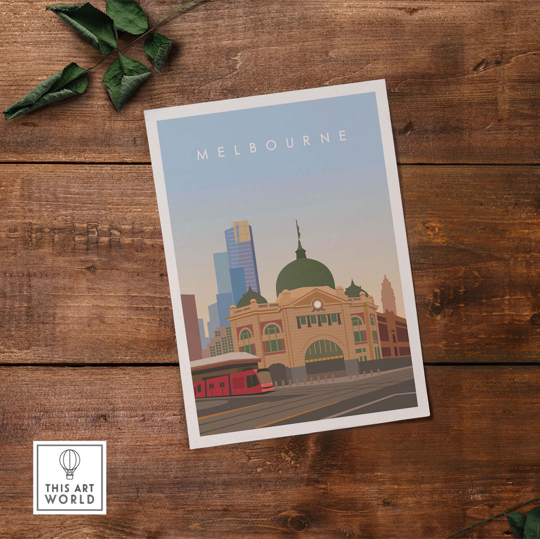 Melbourne Wall Art Print featuring a vintage style illustration of Flinders Street Station.
