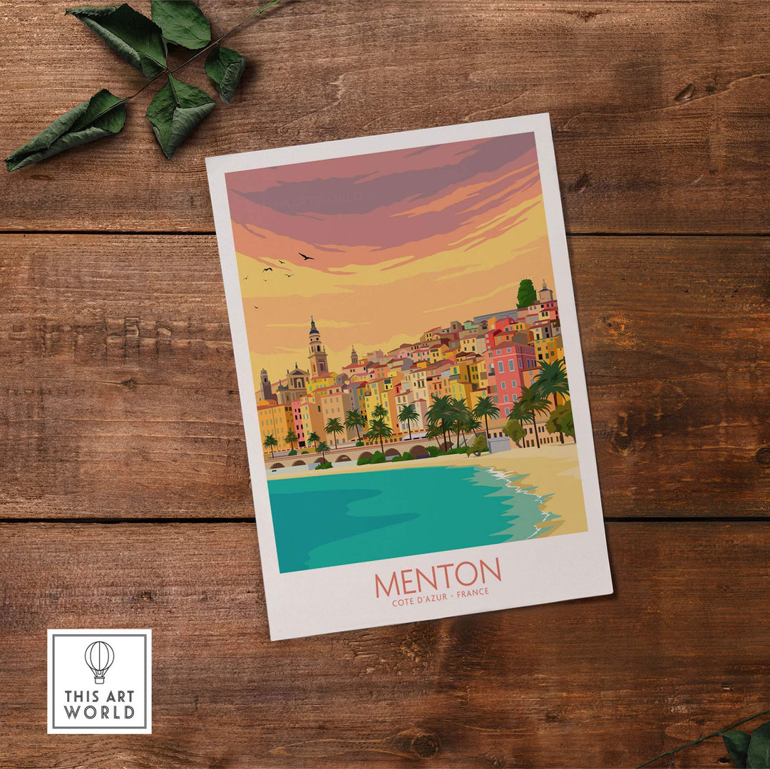 Menton Cote d'Azur poster print showcasing vibrant coastal cityscape and nostalgic travel art.
