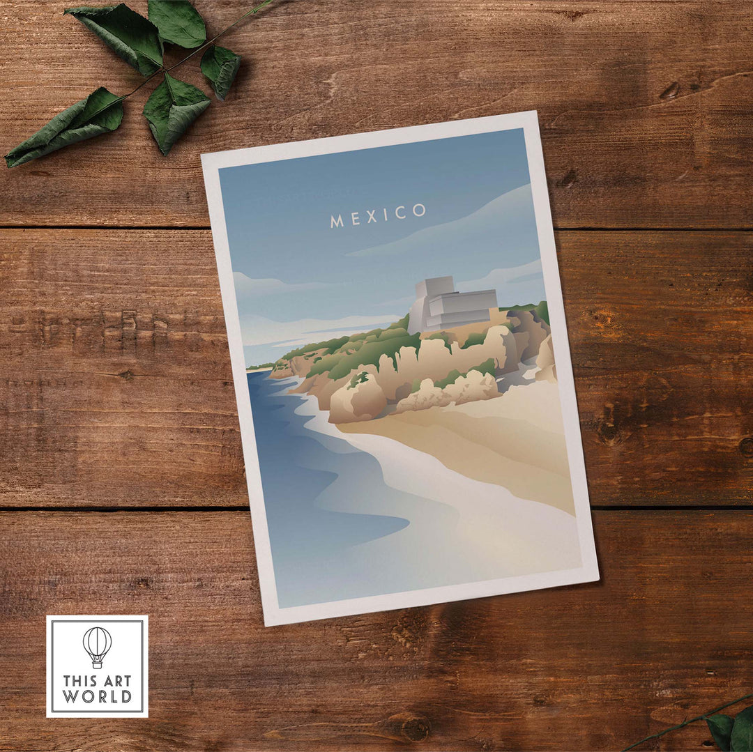 Mexico wall art poster featuring a coastal landscape with text 'México', perfect for home or office decor.