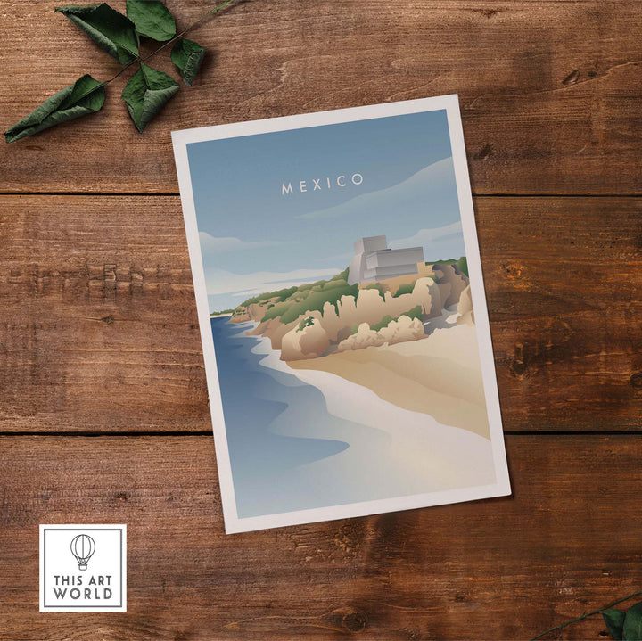Mexico wall art poster featuring a coastal landscape with text 'México', perfect for home or office decor.