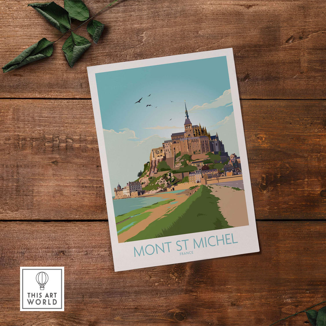 Mont Saint Michel print featuring a vintage travel poster design, showcasing the iconic island in France.