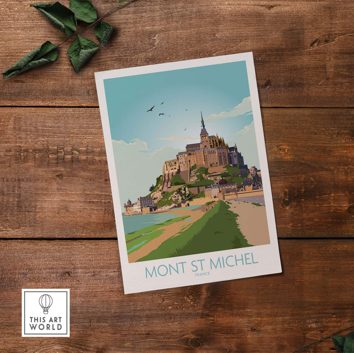Mont Saint Michel print featuring a vintage travel poster design, showcasing the iconic island in France.