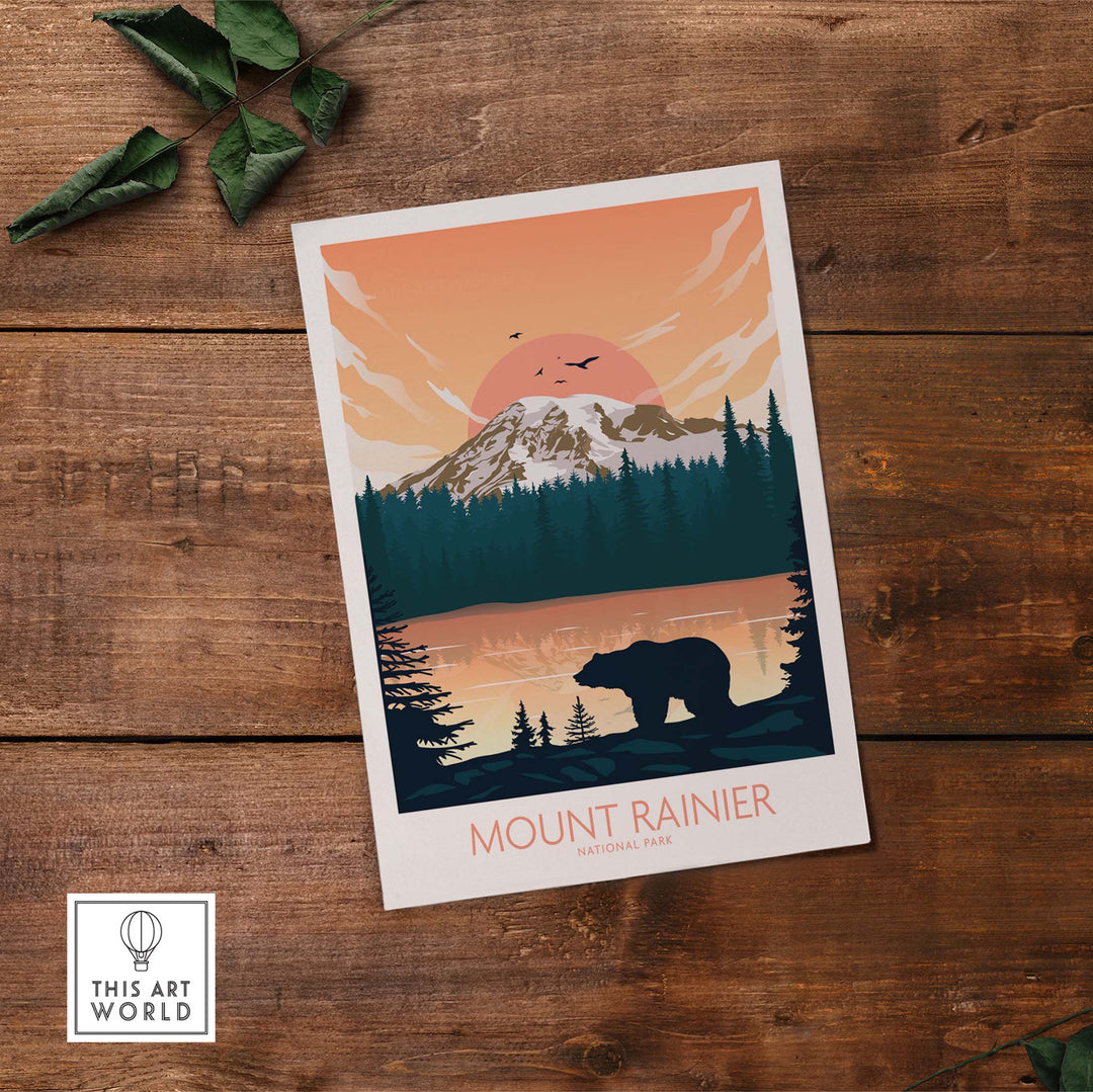 Mount Rainier poster showcasing a bear and mountains against an orange sunset, perfect for nature-themed home decor.