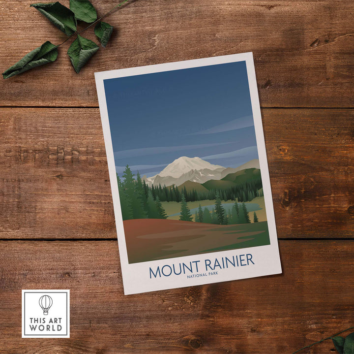 Mount Rainier National Park art print showcasing scenic landscape in a minimalist style on wooden background.