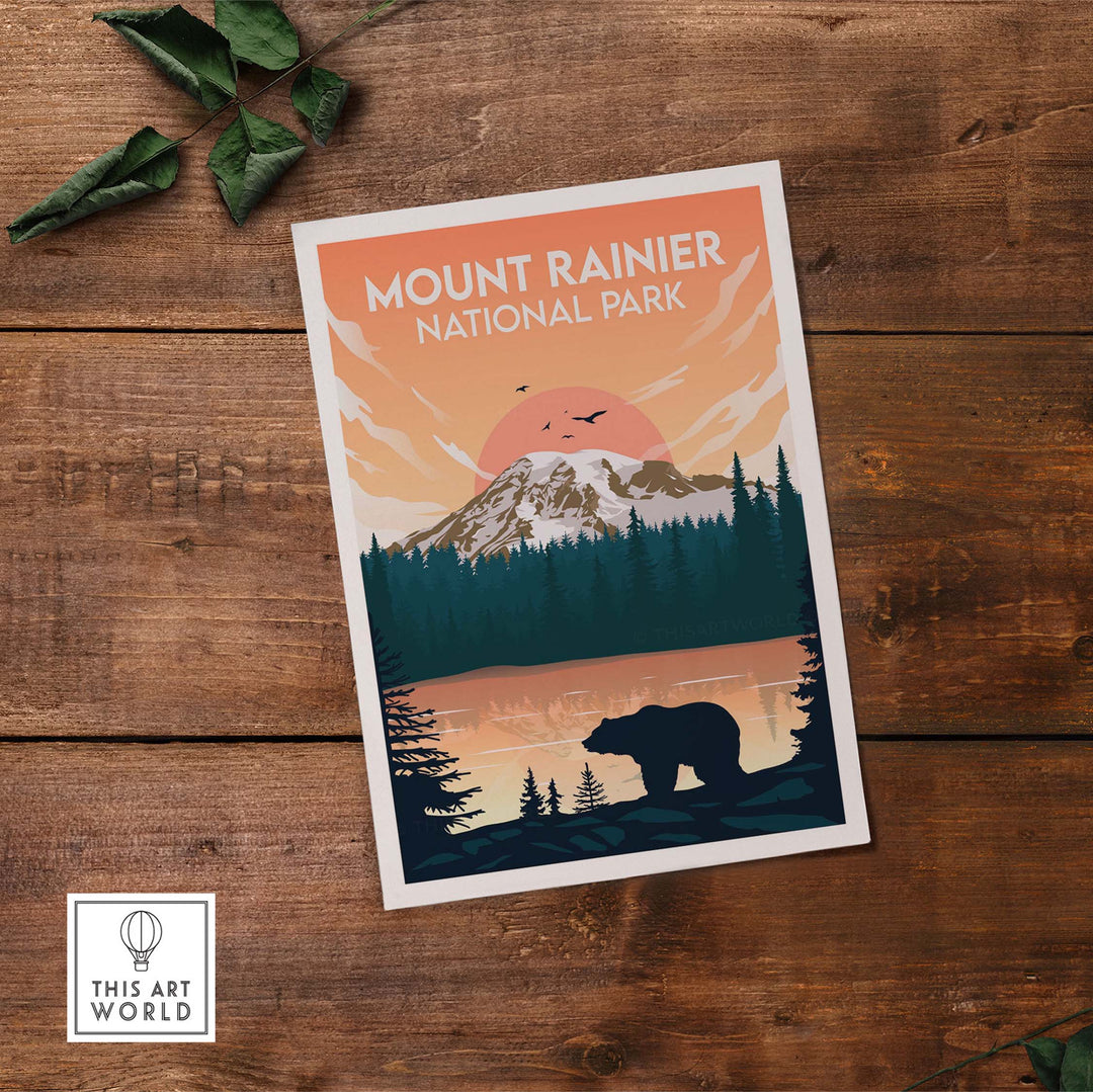 Mount Rainier National Park poster featuring minimalist design with bear and mountain scenery.