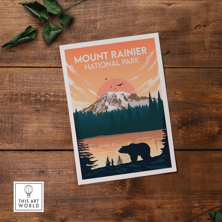 Mount Rainier National Park poster featuring minimalist design with bear and mountain scenery.