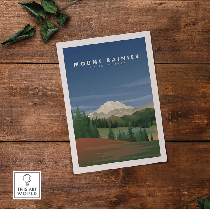 Vintage travel poster of Mount Rainier National Park featuring mountains and lush greenery.