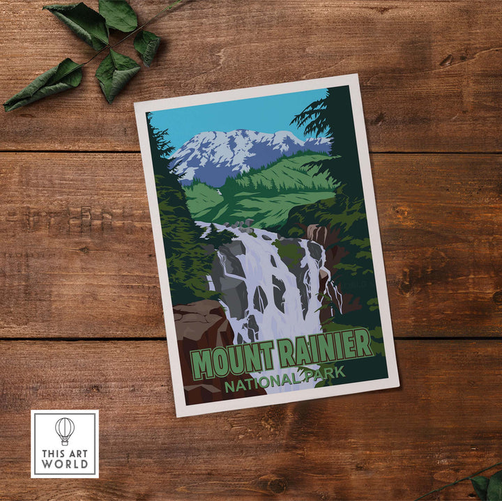 Mount Rainier National Park print showcasing mountains and a waterfall, inspired by vintage park posters.