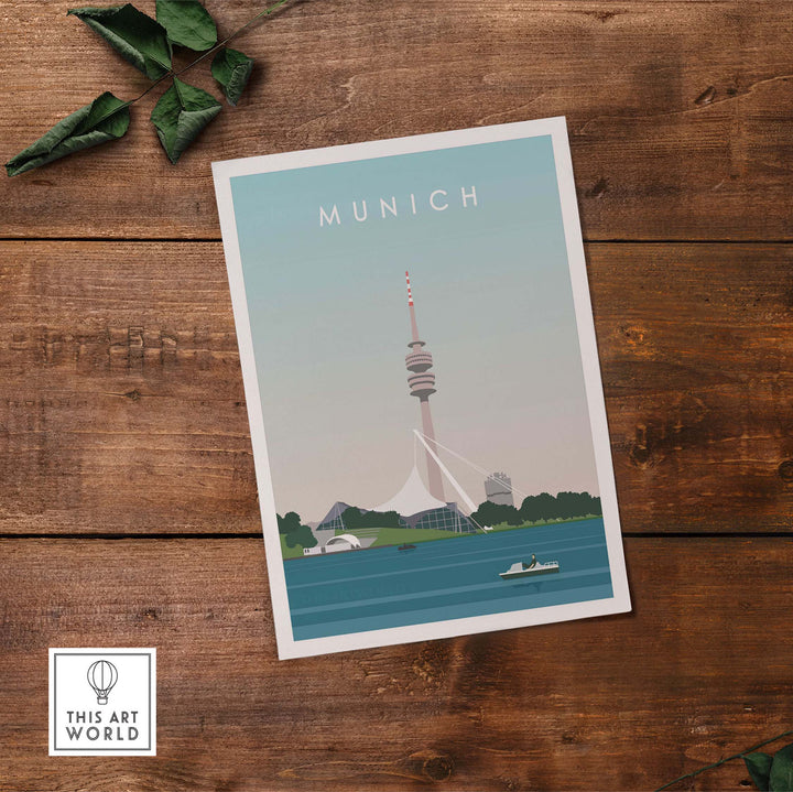 Munich Print Travel Poster featuring the iconic Olympiaturm tower and serene water scene, perfect for wall art decor.