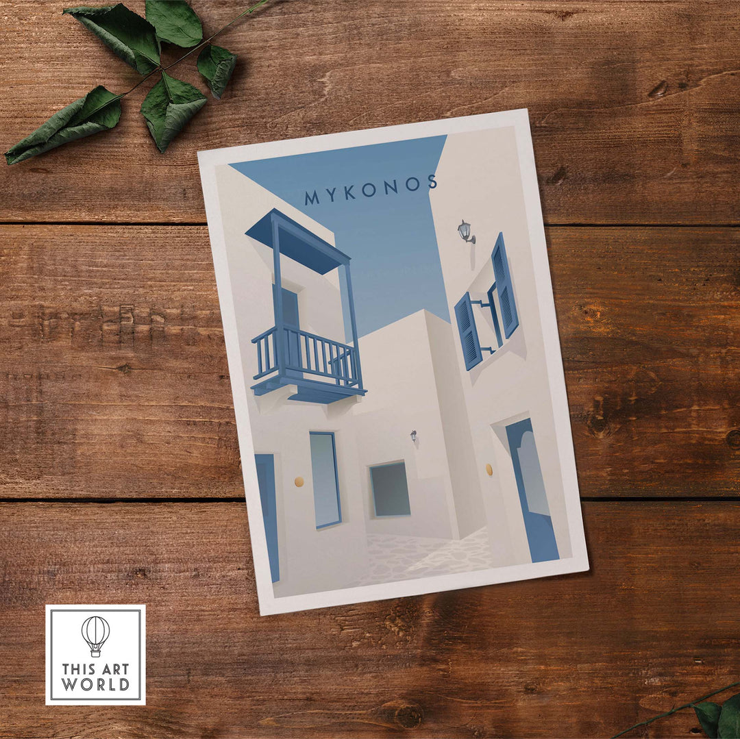 Mykonos Wall Art Poster featuring vintage-style Greek architecture with a blue and white color scheme.