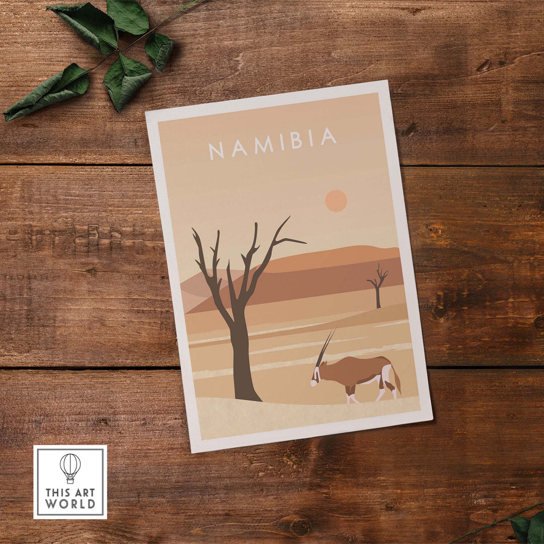 Namibia Print Dunes Poster featuring minimalist desert landscape and oryx, perfect for travel-inspired wall art.