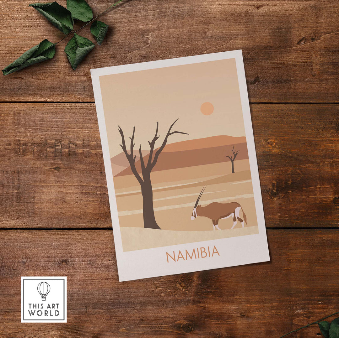 Namibia travel poster print featuring desert landscape and oryx, perfect for home or office decor.