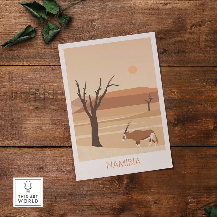 Namibia travel poster print featuring desert landscape and oryx, perfect for home or office decor.