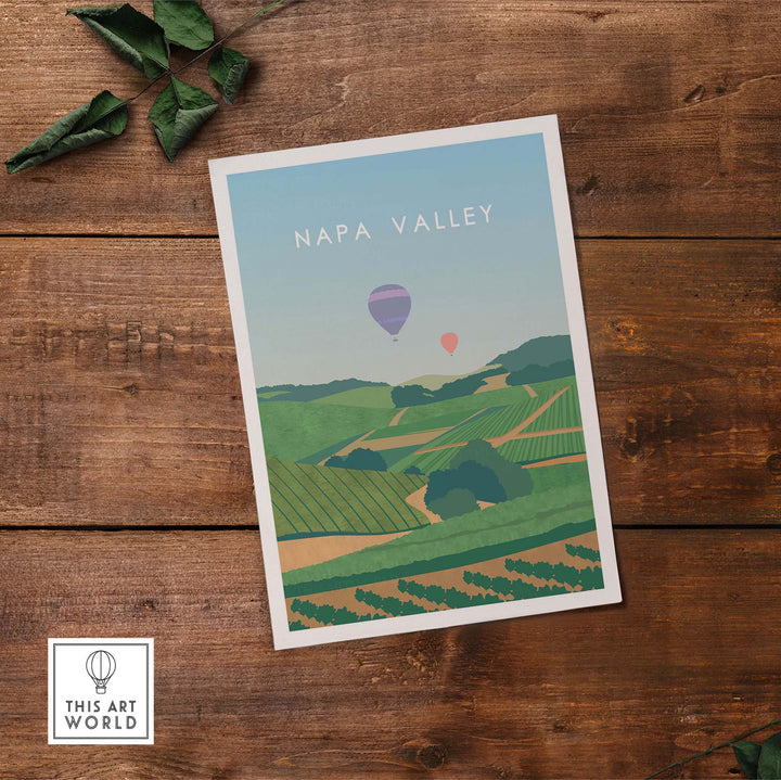 Napa Valley Print Wall Art Poster featuring vineyards and hot air balloons, perfect for home or office decor.