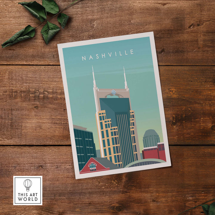 Nashville Art Print featuring iconic skyline, inspired by vintage travel posters for home or office decor.