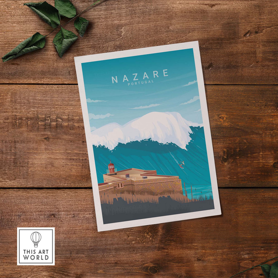 Nazare Travel Poster Print showcasing the coastal beauty of Portugal with vibrant colors and waves.