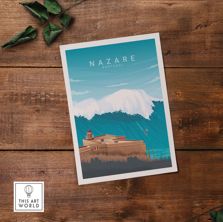 Nazare Travel Poster Print showcasing the coastal beauty of Portugal with vibrant colors and waves.
