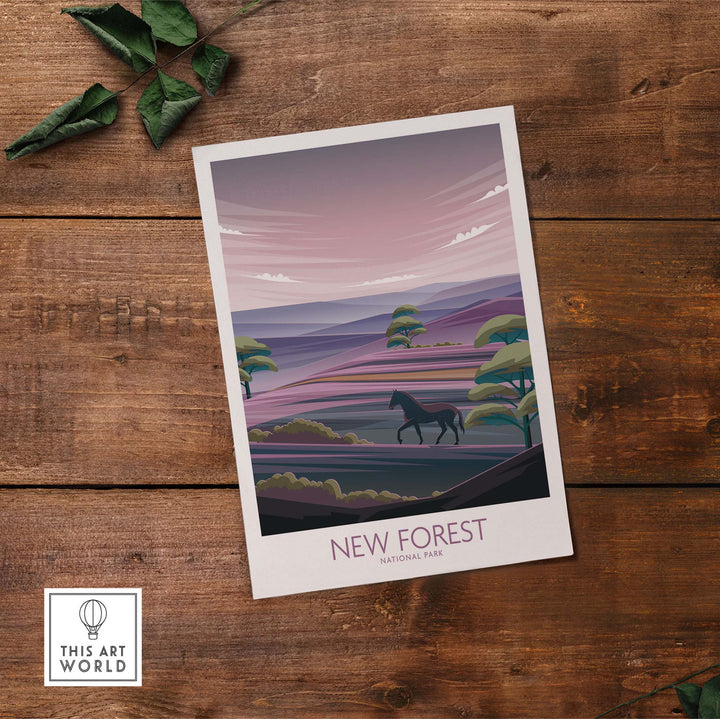 New Forest National Park art print featuring serene landscape and horse silhouette, perfect for nature lovers.