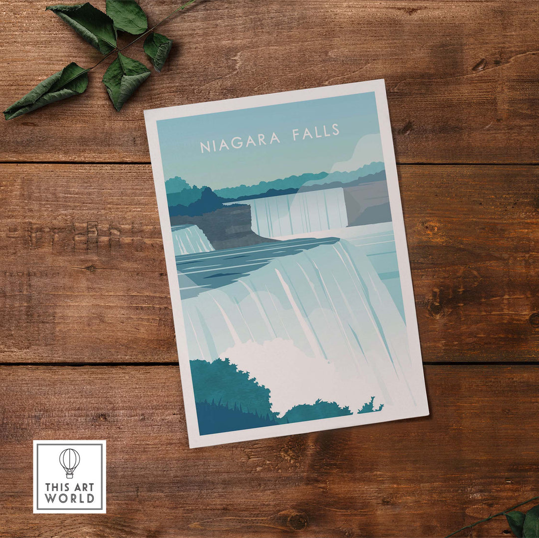 Niagara Falls print wall art poster showcasing a vintage-inspired design on a wooden background.