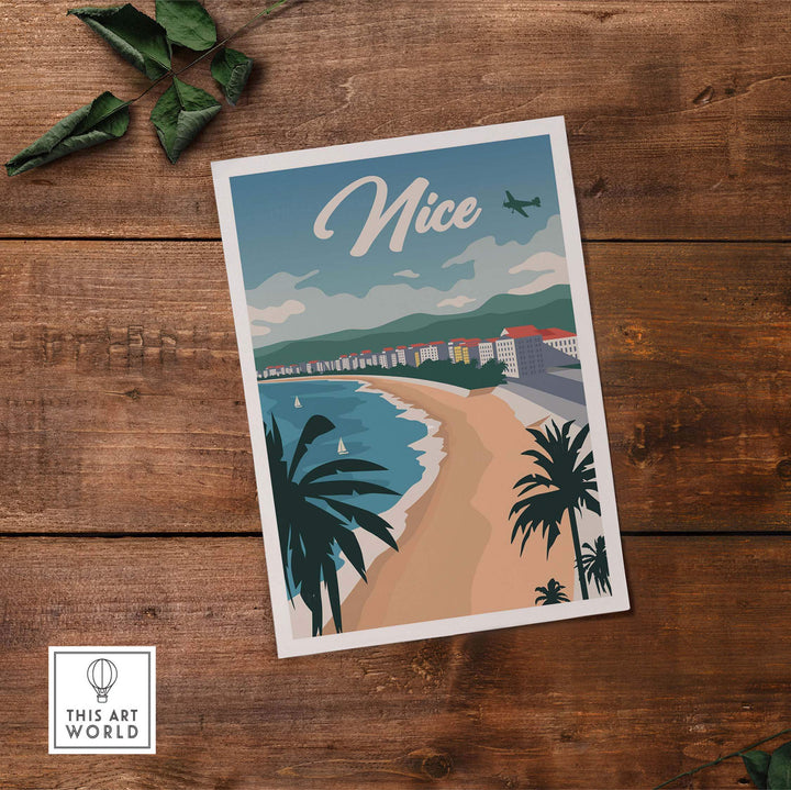 Nice France vintage travel poster art print showcasing a beach scene with palm trees and coastal skyline.